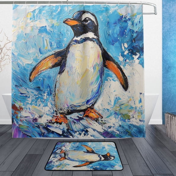 BZSMCE Shower Curtain and Bath Accessory Set,Penguin in The Waves Pattern