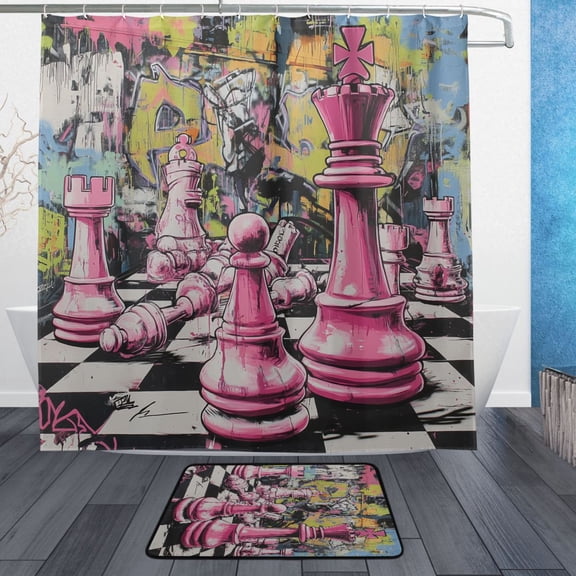 BZSMCE Shower Curtain and Bath Accessory Set,Pink Chessboard Showdown Pattern