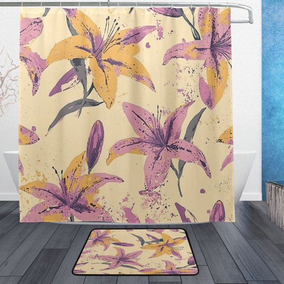 BZSMCE Shower Curtain and Bath Accessory Set,Playful Lily Blossoms Pattern