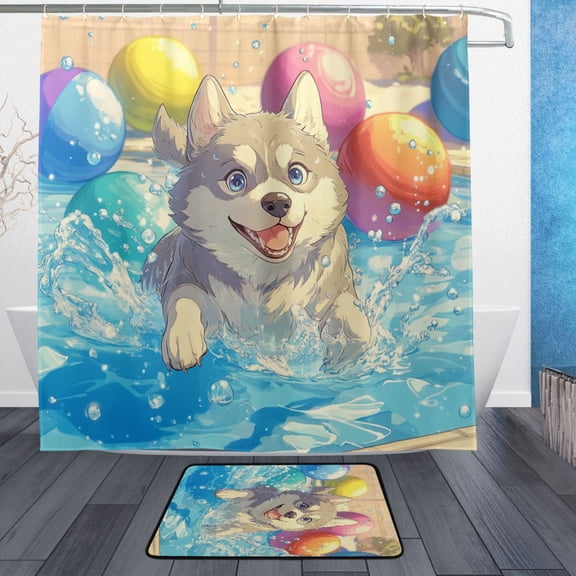 BZSMCE Shower Curtain and Bath Accessory Set,Playful Pup in A Colorful Pool Pattern