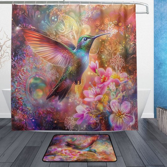 BZSMCE Shower Curtain and Bath Accessory Set,Radiant Hummingbird Whirl Pattern