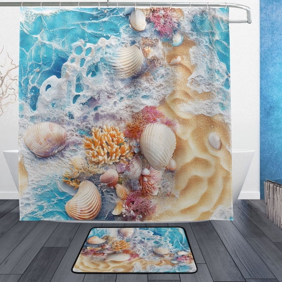 BZSMCE Shower Curtain and Bath Accessory Set,Seashells Beach Art Pattern