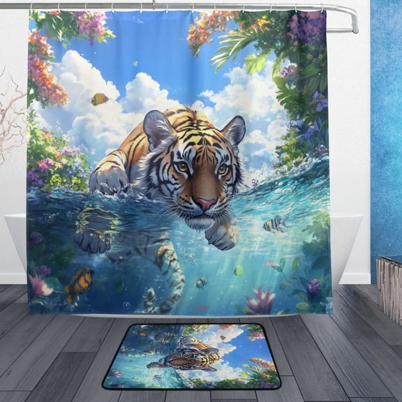 BZSMCE Shower Curtain and Bath Accessory Set,Serene Tiger in Nature Pattern