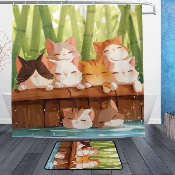 BZSMCE Shower Curtain and Bath Accessory Set,Sleepy Bamboo Cats Pile Pattern