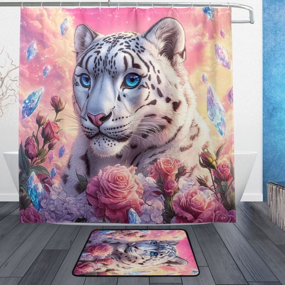 BZSMCE Shower Curtain and Bath Accessory Set,Snow Leopard Roses Crystals Pattern