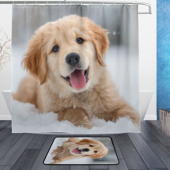 BZSMCE Shower Curtain and Bath Accessory Set,Snow-snuggled Golden Pup Pattern