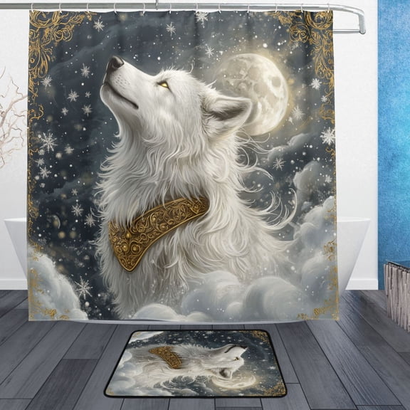 BZSMCE Shower Curtain and Bath Accessory Set,Snowy Wolf in Harmony Pattern