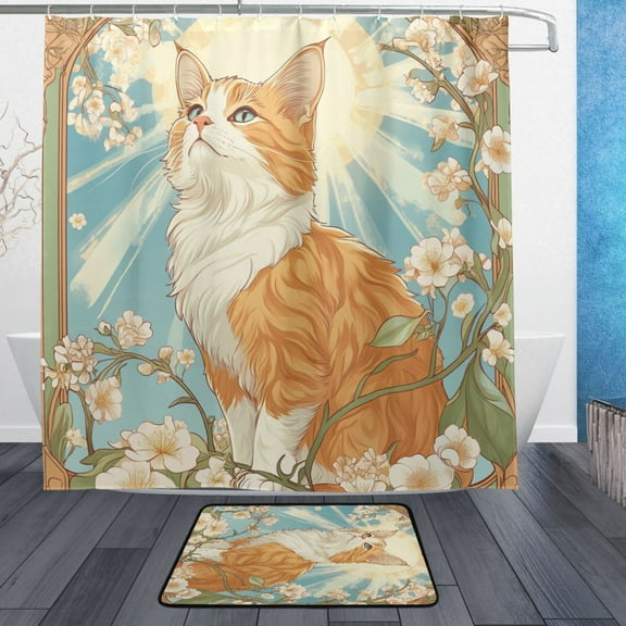 BZSMCE Shower Curtain and Bath Accessory Set,Sunlit Purrfection Pattern