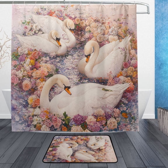 BZSMCE Shower Curtain and Bath Accessory Set,Swan Serenade Pattern
