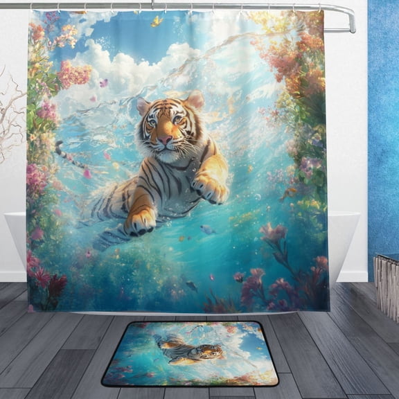 BZSMCE Shower Curtain and Bath Accessory Set,Tigers Splash Oasis Pattern