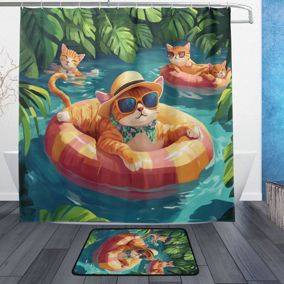 BZSMCE Shower Curtain and Bath Accessory Set,Tropical Cat Paradise Pattern