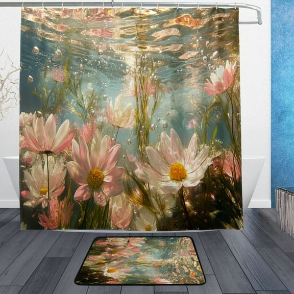 BZSMCE Shower Curtain and Bath Accessory Set,Underwater Flowers and Bubbles Pattern
