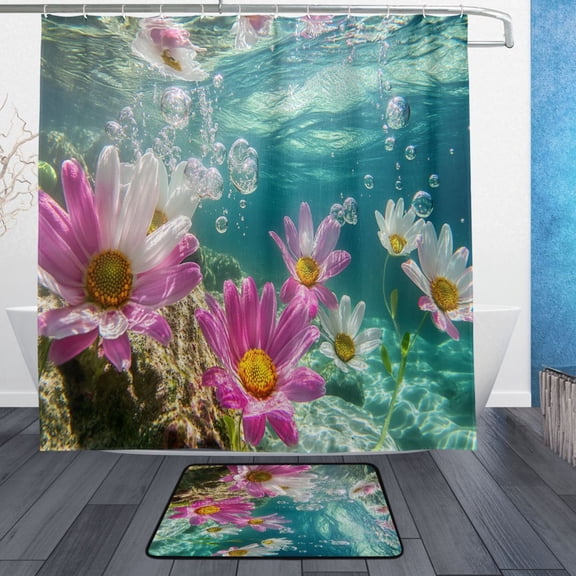 BZSMCE Shower Curtain and Bath Accessory Set,Underwater Flowers with Bubbles Pattern