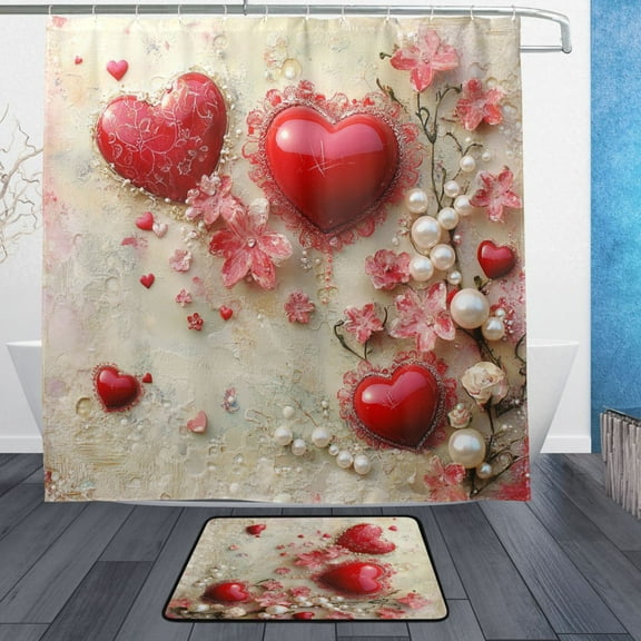 BZSMCE Shower Curtain and Bath Accessory Set,Valentines Day Heart Printing Pattern