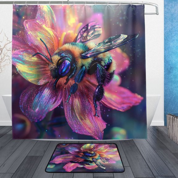 BZSMCE Shower Curtain and Bath Accessory Set,Vibrant Bee on A Radiant Bloom Pattern