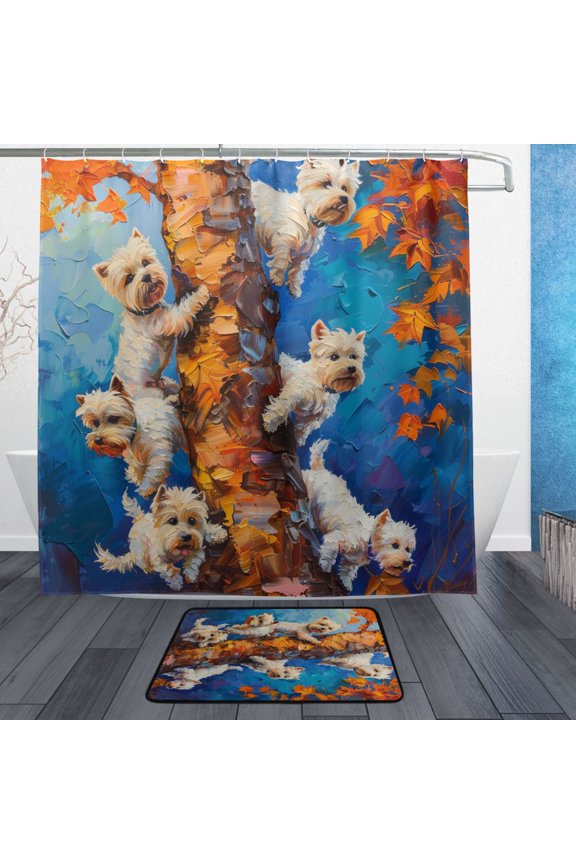 Shower Curtain and Bath Accessory Set,Whimsical Pups in Autumn Pattern