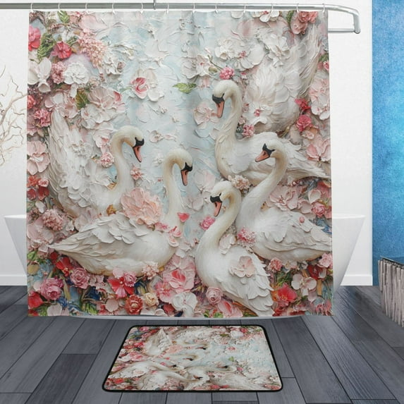 BZSMCE Shower Curtain and Bath Accessory Set,White Swans Pattern