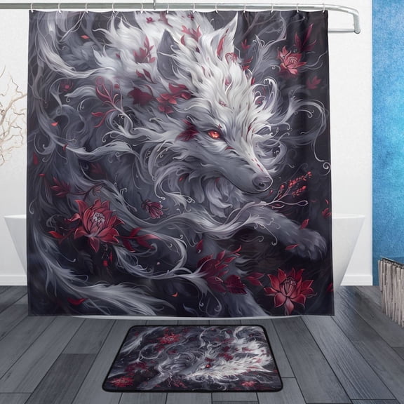 BZSMCE Shower Curtain and Bath Accessory Set,Wolf Red Flower Pattern