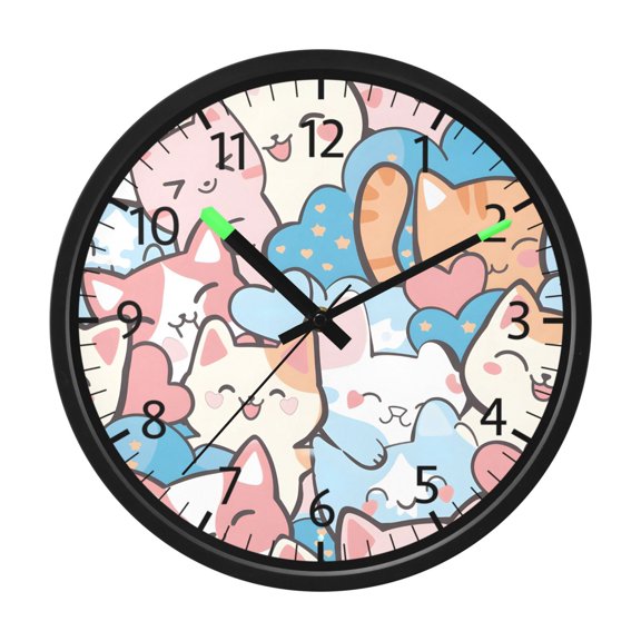 BZSMCE Silent Voice Activated LED Night Light Wall Clock 12 Inch With 12in Clock with Cute Cat Pattern Print Decor Clock