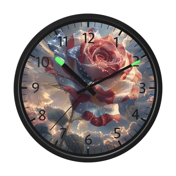 BZSMCE Silent Voice Activated LED Night Light Wall Clock 12 Inch With 12in Clock with Roses American Flag Sky Print Decor Clock