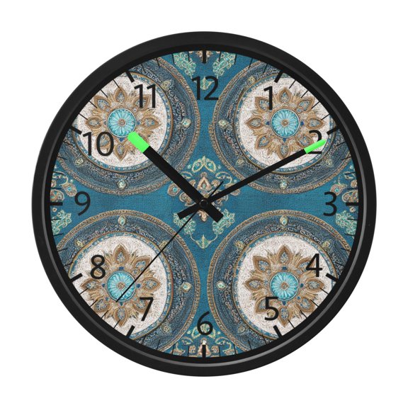 BZSMCE Silent Voice Activated LED Night Light Wall Clock 12 Inch With 12in Clock with Teal Ornate Medallion Print Decor Clock