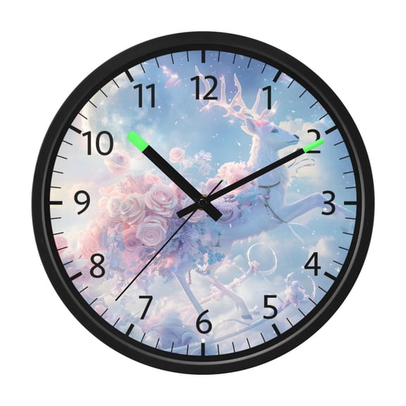 BZSMCE Silent Voice Activated LED Night Light Wall Clock 12 Inch With 12in Clock with White Elk Flowers Sleigh Print Decor Clock