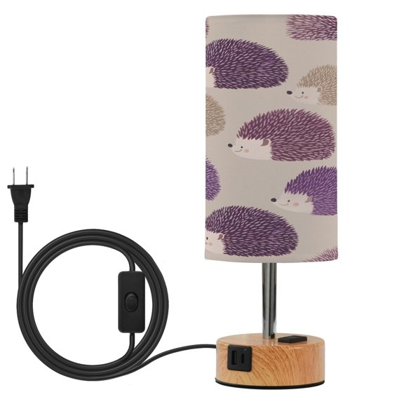 BZSMCE Simple Lines Purple and Brow Pattern Printed 3 Color Touch Control Table Lamp Linen Shade LED Nightstand Lamp with Wood Grain BaseUS Standard Power Cord