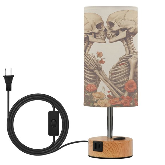 BZSMCE Skeletons Printed 3 Color Touch Control Table Lamp Linen Shade LED Nightstand Lamp with Wood Grain BaseUS Standard Power Cord