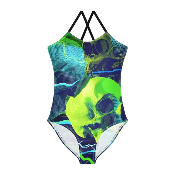 BZSMCE Skulls NeonPattern For One-Piece Swimsuit with Crisscross StrapsSkulls NeonPattern