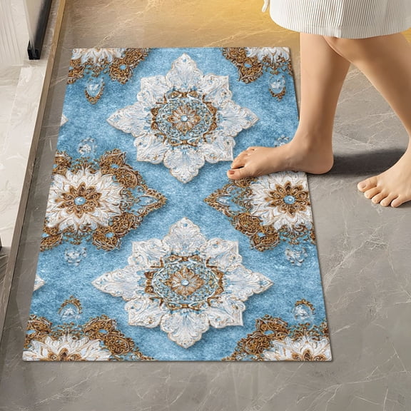 BZSMCE Sky Blue Medallion Pattern 2-Piece Non-Slip Absorbent Bathroom Rug Set, Soft Bath Mat & Toilet Rug