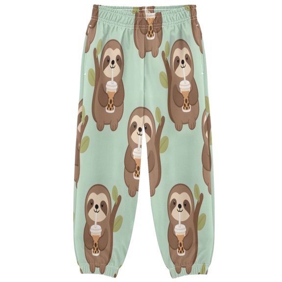 BZSMCE Sloth Milk Tea Pattern Print Elastic Waist Jogger Pants Lightweight Wind Resistant Casual Athletic Trousers with Cuffed Ankles & Side Pockets