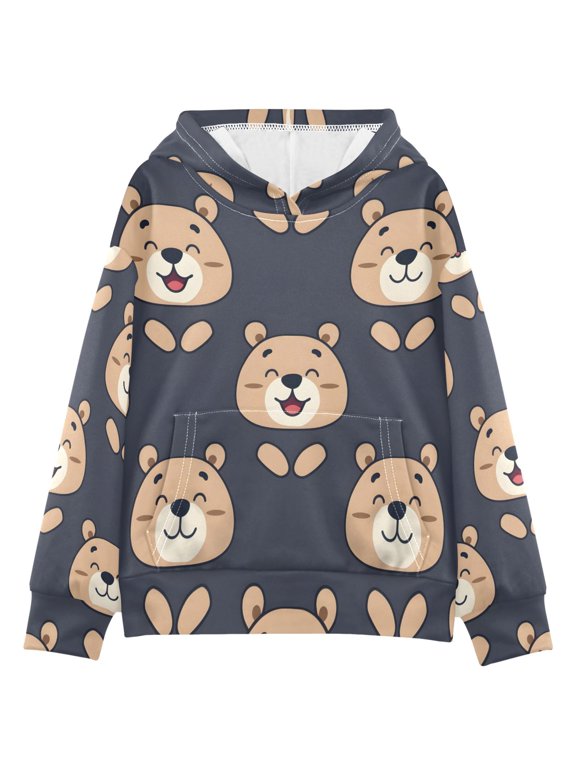 BZSMCE Smiling Bear Print Hoodie Casual Pullover Sweatshirt With Kangaroo Pocket
