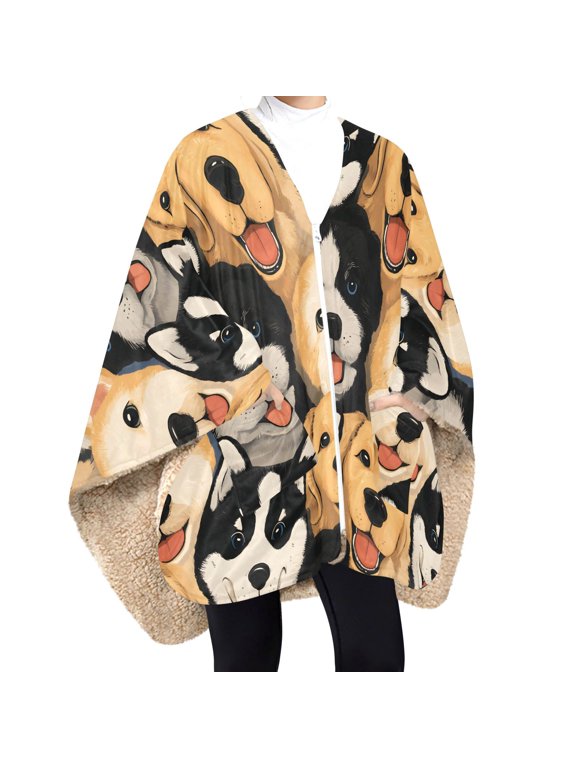 BZSMCE Smiling Dog Face Pattern Panda and White Cloud Pattern Print Wearable Blanket Poncho DoubleLayer Fleece Sherpa Wrap Blanket With Zipper & Pockets Cozy Sleeveless Warm Throw Blanket