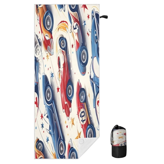 BZSMCE Soft Blue and Red Racing Pattern For Beach Towel with Wind-Resistant Magnetic Corners And Mesh Carry Bag