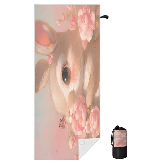 BZSMCE Soft Blush Bloom Bunny For Beach Towel with Wind-Resistant Magnetic Corners And Mesh Carry Bag