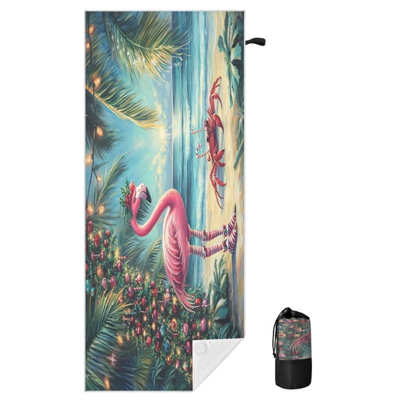 BZSMCE Soft Chrismas Pink Flamingo For Beach Towel with Wind-Resistant Magnetic Corners And Mesh Carry Bag