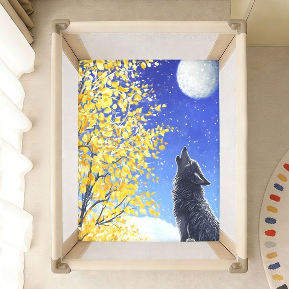 BZSMCE Soft Fitted Cotton Sheets In Wolf Howling Moon Trees Pattern 39*27/52*28in