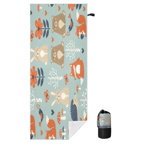 BZSMCE Soft Seamless Forest Background with Cute Animals in Ca For Beach Towel with Wind-Resistant Magnetic Corners And Mesh Carry Bag