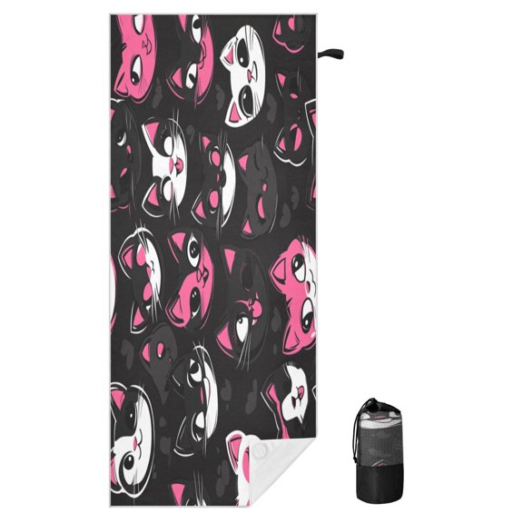 BZSMCE Soft Whimsical Cat Smile Pattern For Beach Towel with Wind-Resistant Magnetic Corners And Mesh Carry Bag