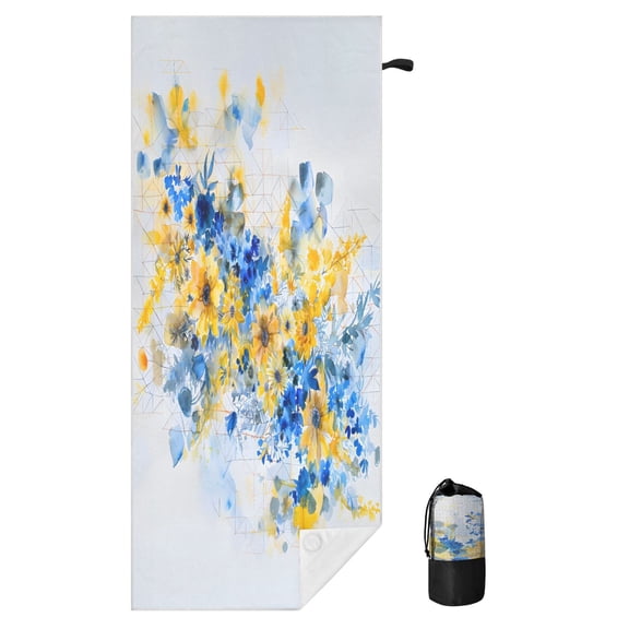 BZSMCE Soft Yellow and Blue Flower Bouquet Overhead Shot Watercolor Geometric Patterns Background For Beach Towel with Wind-Resistant Magnetic Corners And Mesh Carry Bag