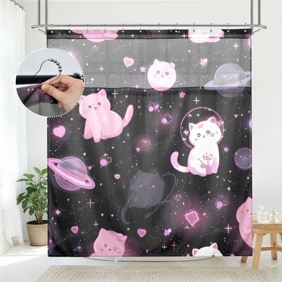 BZSMCE Space Kitties Pattern Bathroom Shower Curtain Set with Hooks Waterproof Double Layer Fabric 7278 Inch