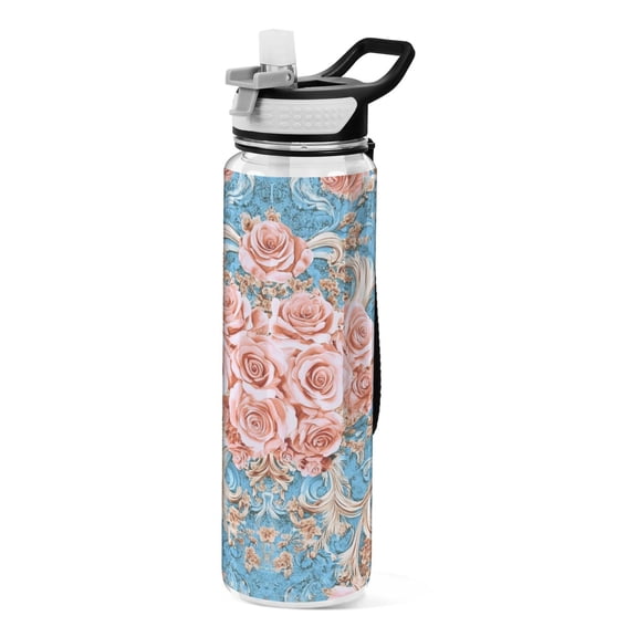 BZSMCE Sport Bottle Blush Roses on Aqua Outdoor sports Water Bottle Size: 10.4x3in