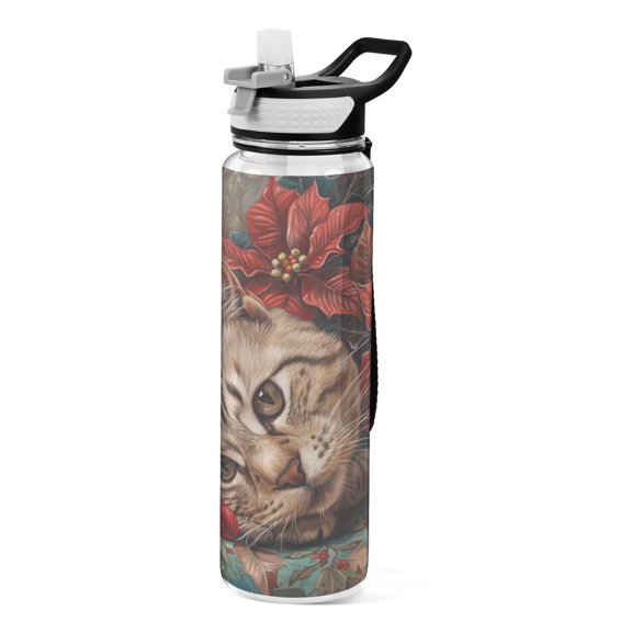 BZSMCE Sport Bottle Pondering Tabby Amidst Poinsettias Outdoor sports Water Bottle Size: 10.4x3in