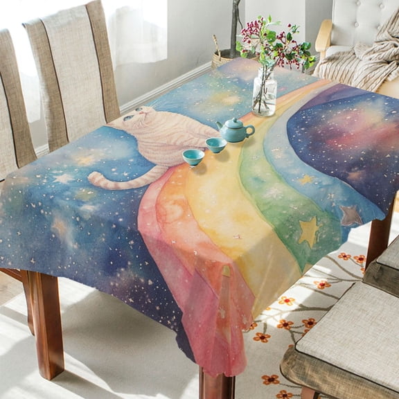 BZSMCE Square Tablecloth Celestial Cat on A Rainbow Path Pattern Tableclothes