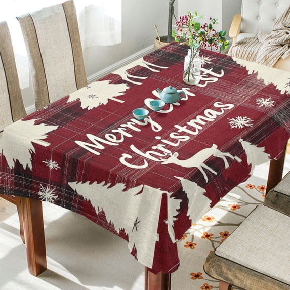 BZSMCE Square Tablecloth Christmas Dark Red Plaid Print with Reindeer Pattern Tableclothes