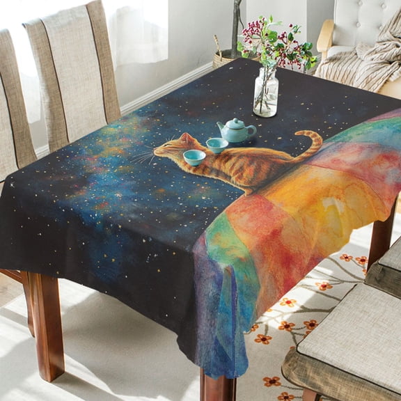 BZSMCE Square Tablecloth Cosmic Cat on A Rainbow Pattern Tableclothes