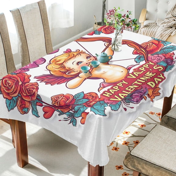YAZAOO Square Tablecloth Cupid with Bow and Roses Pattern Tableclothes