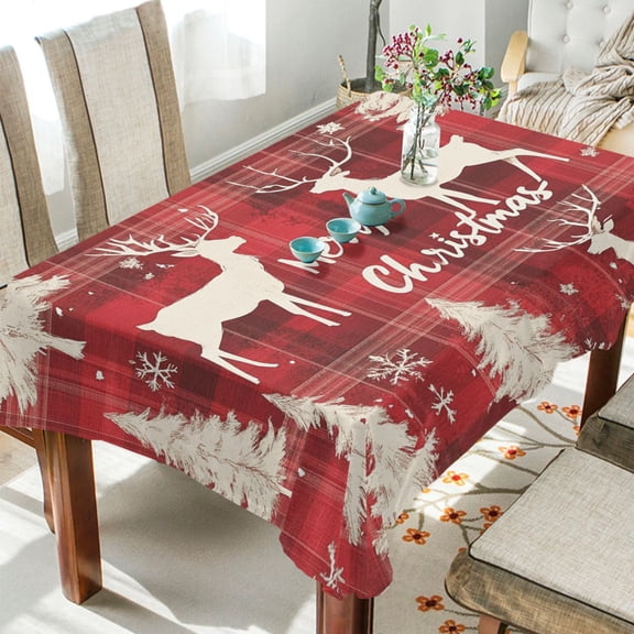 BZSMCE Square Tablecloth Dark Red Plaid Pattern with Reindeer Pattern Tableclothes