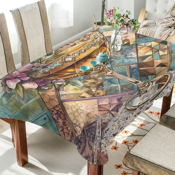 YAZAOO Square Tablecloth Decorative Glass with Flowers Pattern Tableclothes