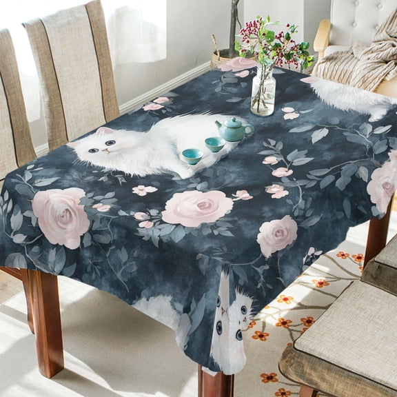 BZSMCE Square Tablecloth Enchanted White Cats and Roses Pattern Tableclothes